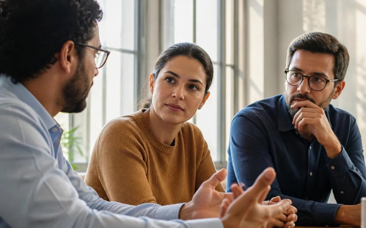 Roda de conversa numa sala clara, com uma pessoa expondo o ponto e duas escutando