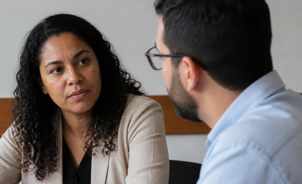 Três participantes conversam ao redor de uma mesa comprida numa sala clara de janelas altas