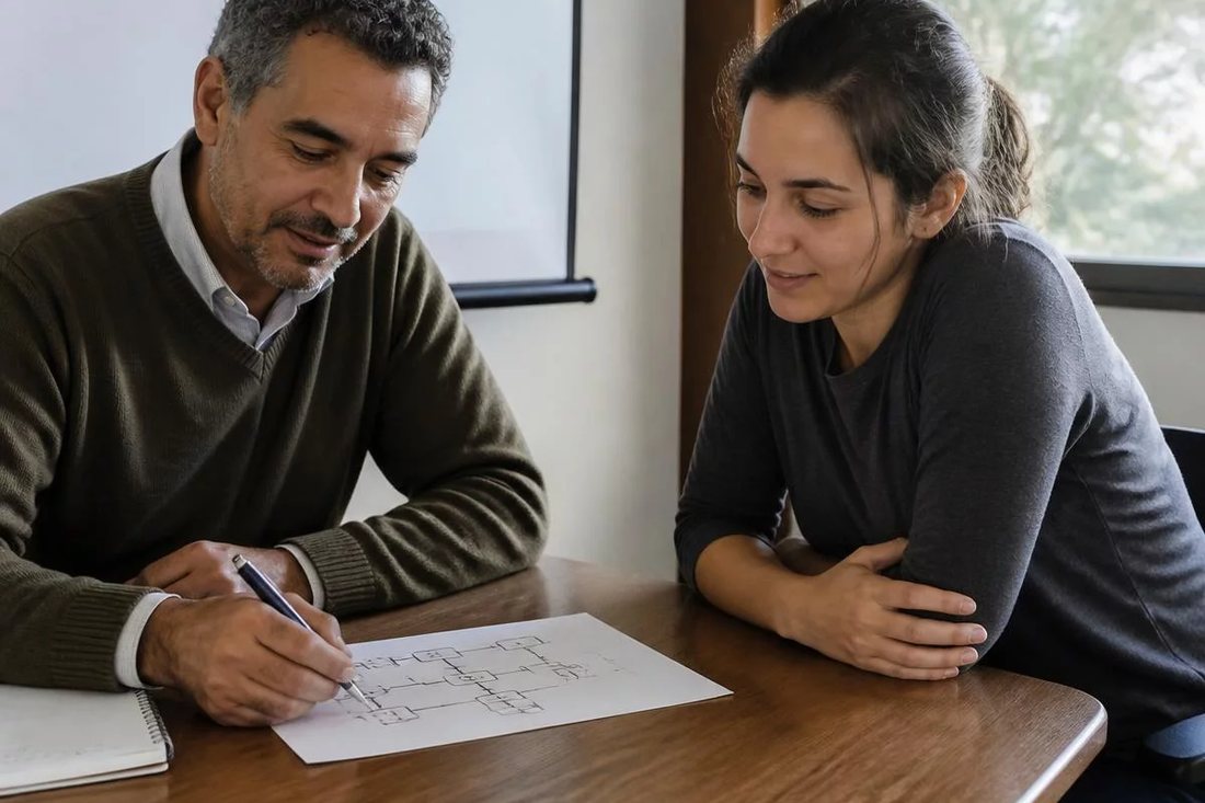 Dois participantes desenham a caneta o encadeamento de um argumento numa folha quadriculada